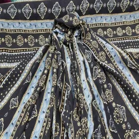 100% Rayon Crepe w Blue Paisleys Print On Black Soft Fabric For Flowy Organic Kids Dress Draping Clothing