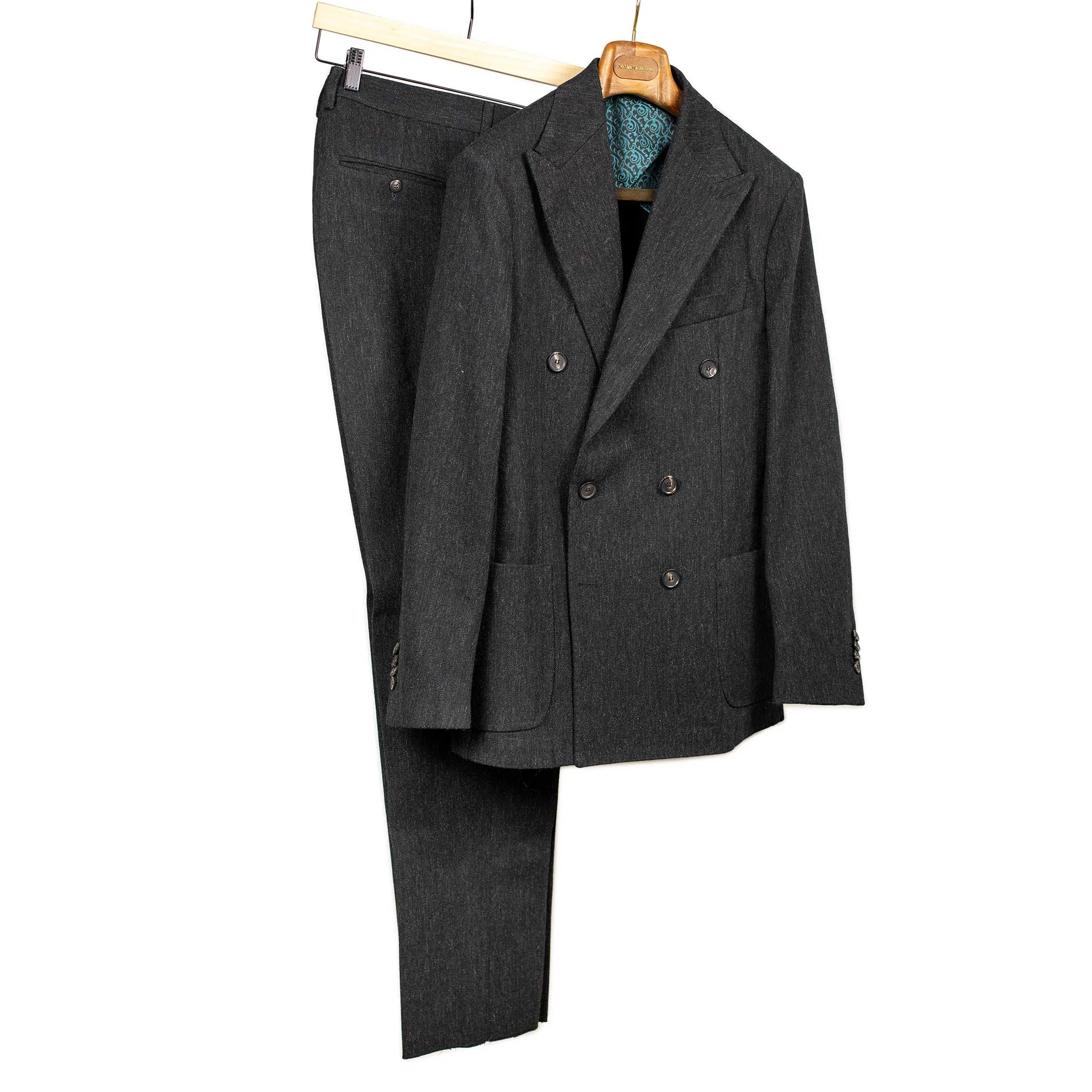 Aaresant double breasted suit in mixed grey Japanese wool cotton denim