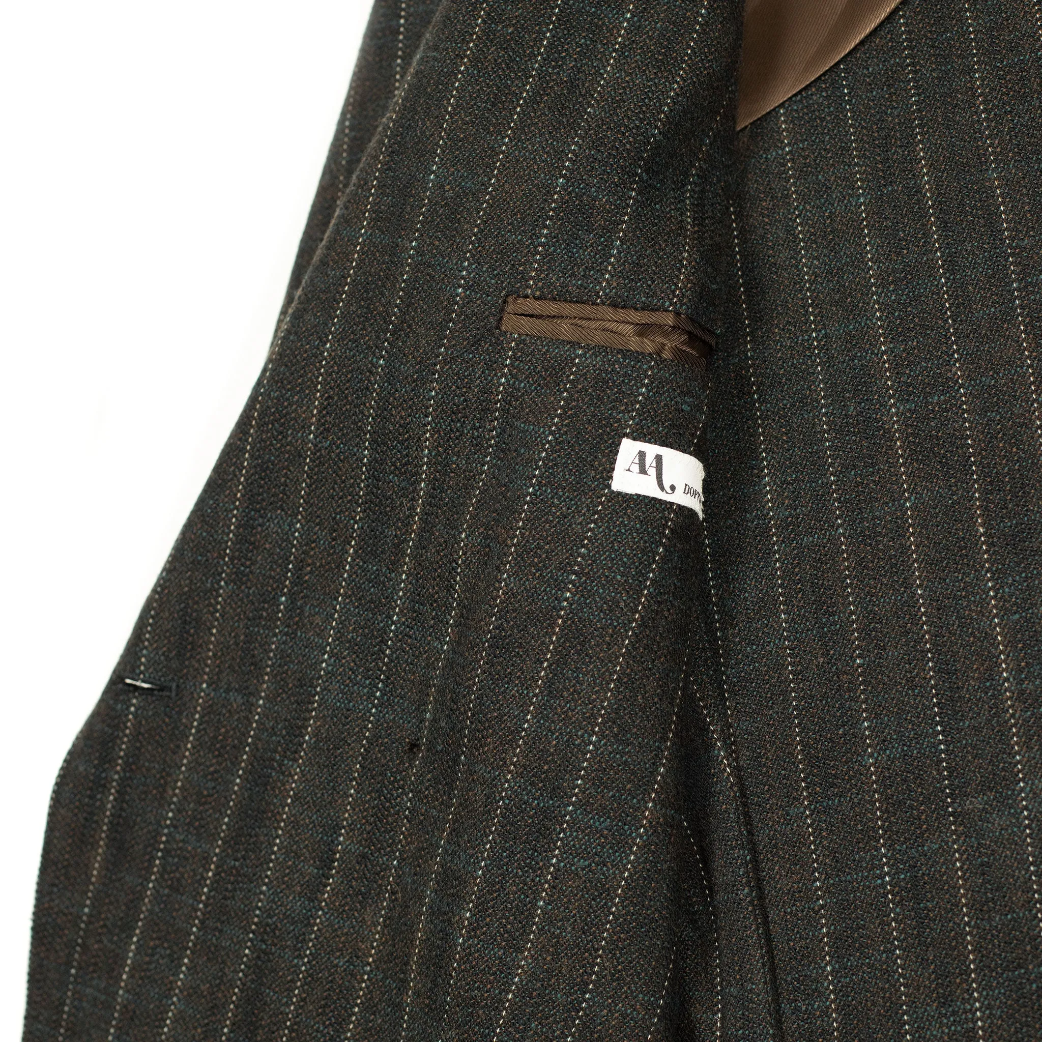 Aareseant double breasted suit in charcoal, teal, and rust retro stripe cotton and wool tweed