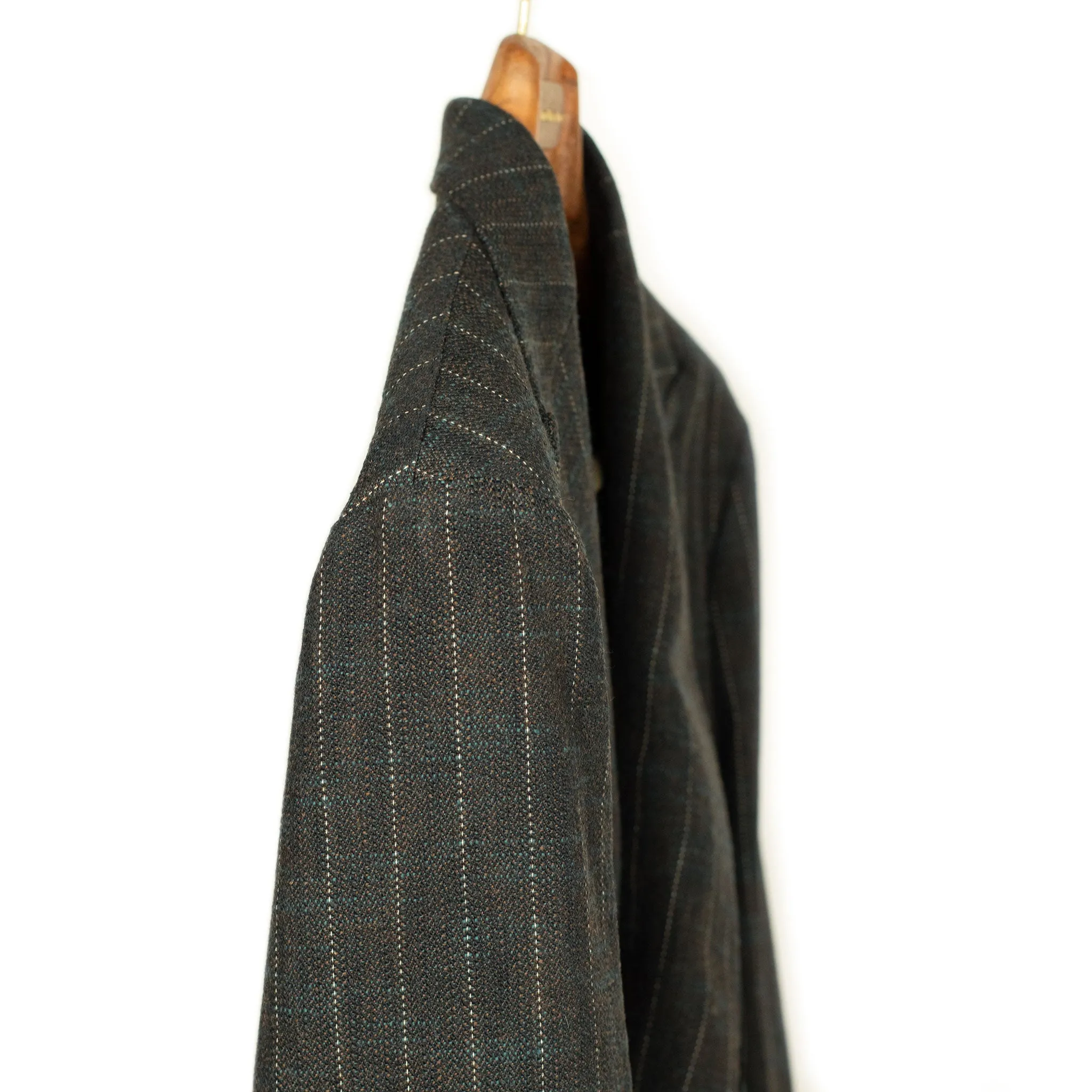 Aareseant double breasted suit in charcoal, teal, and rust retro stripe cotton and wool tweed