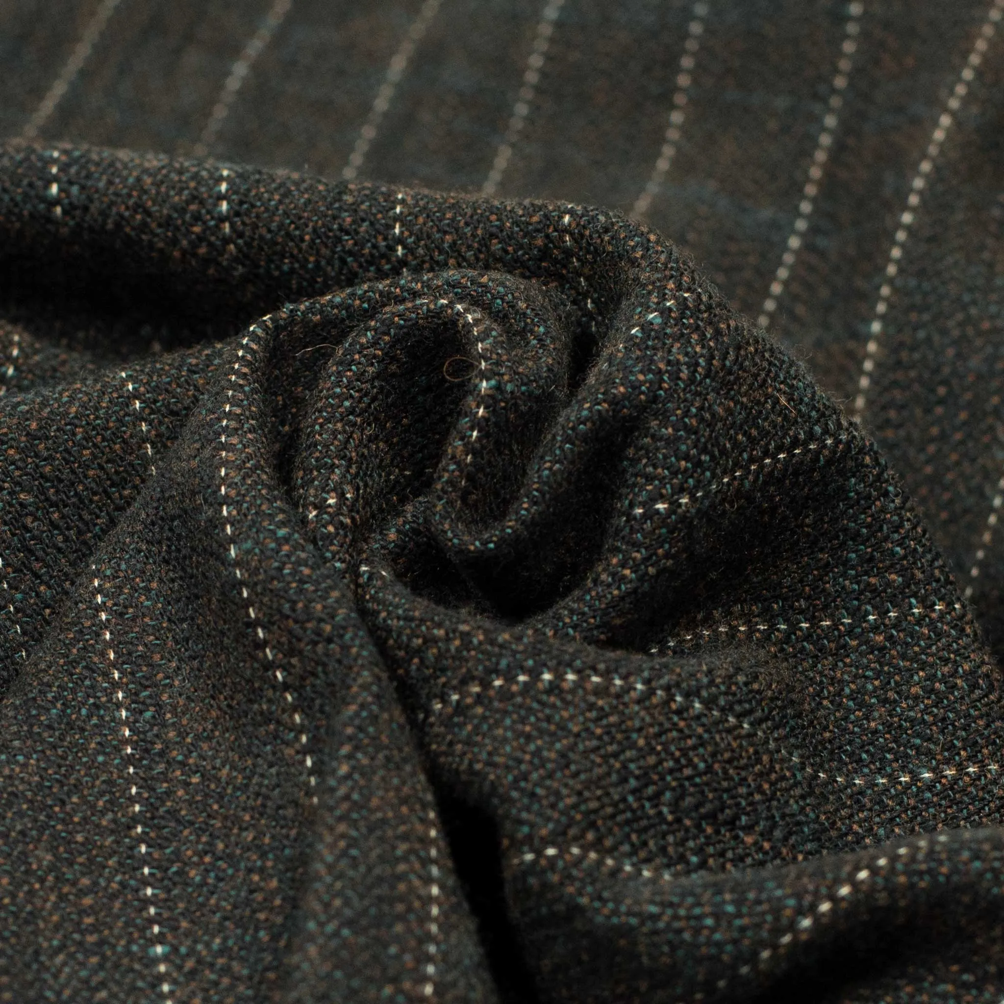 Aareseant double breasted suit in charcoal, teal, and rust retro stripe cotton and wool tweed