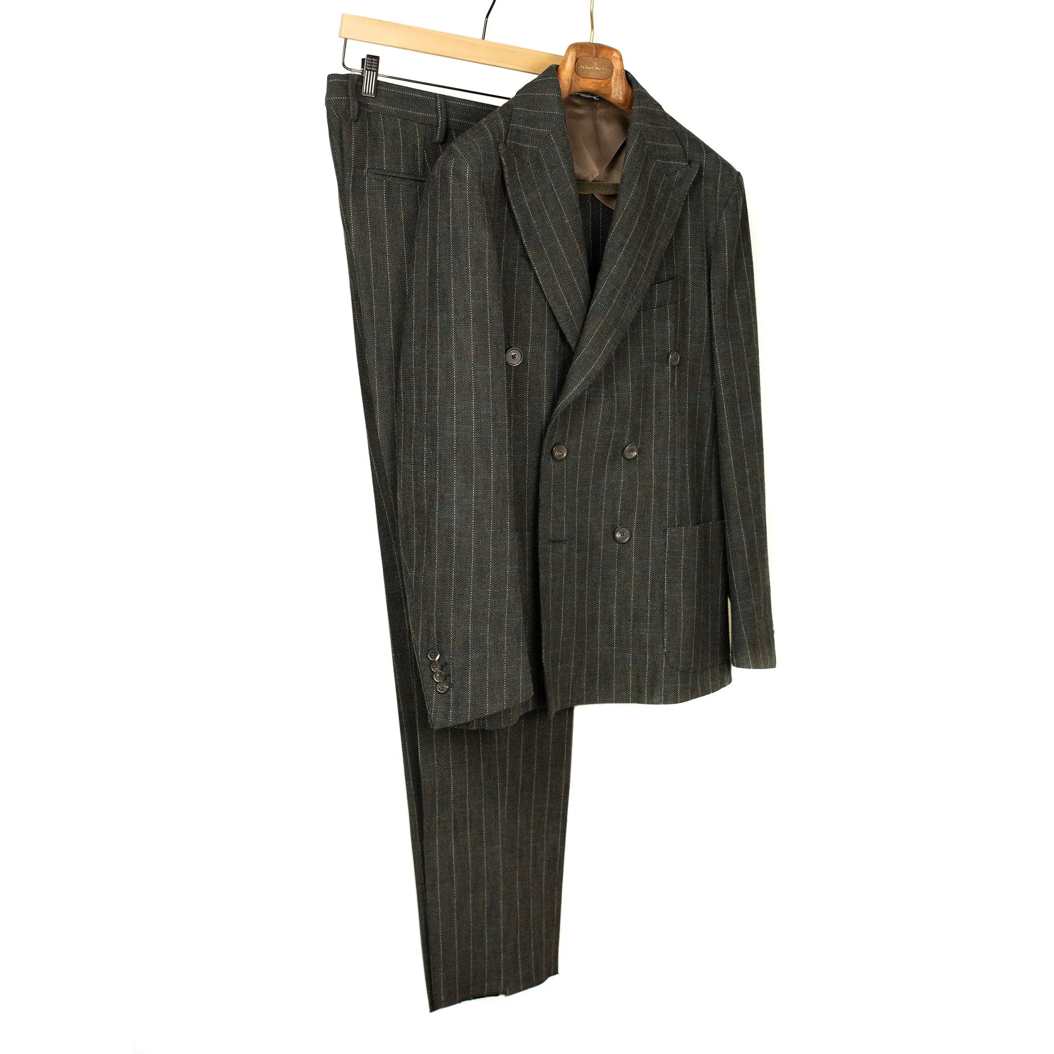 Aareseant double breasted suit in charcoal, teal, and rust retro stripe cotton and wool tweed