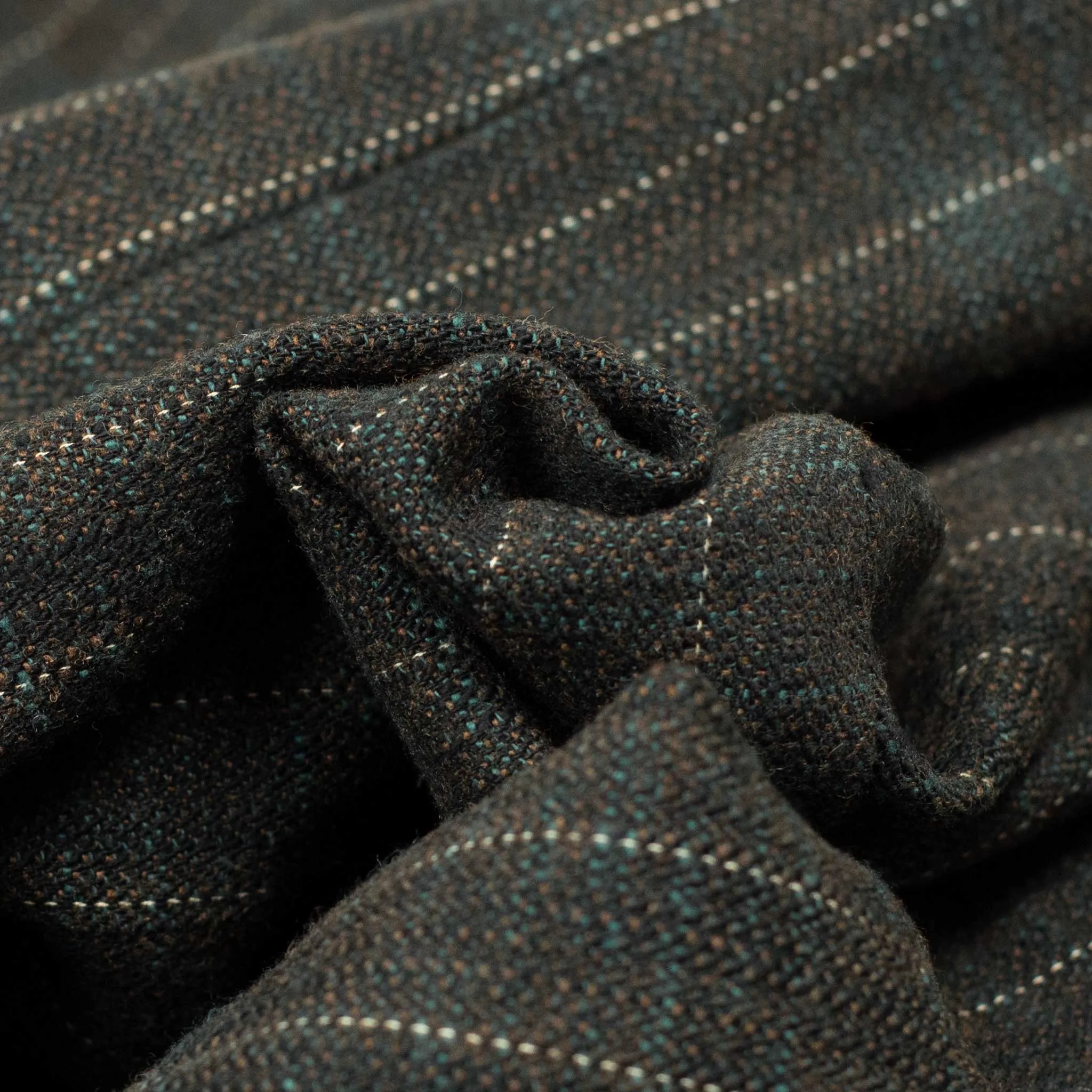 Aareseant double breasted suit in charcoal, teal, and rust retro stripe cotton and wool tweed