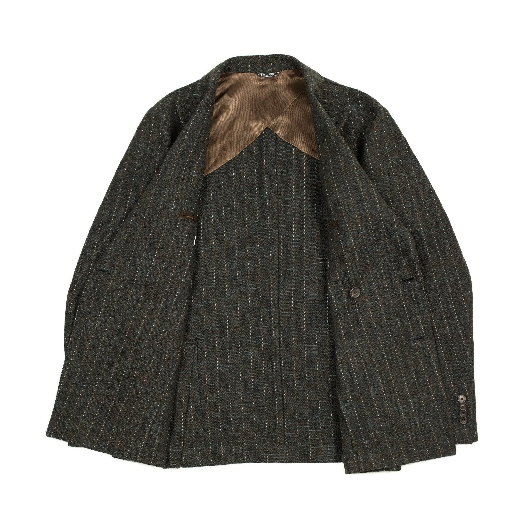 Aareseant double breasted suit in charcoal, teal, and rust retro stripe cotton and wool tweed