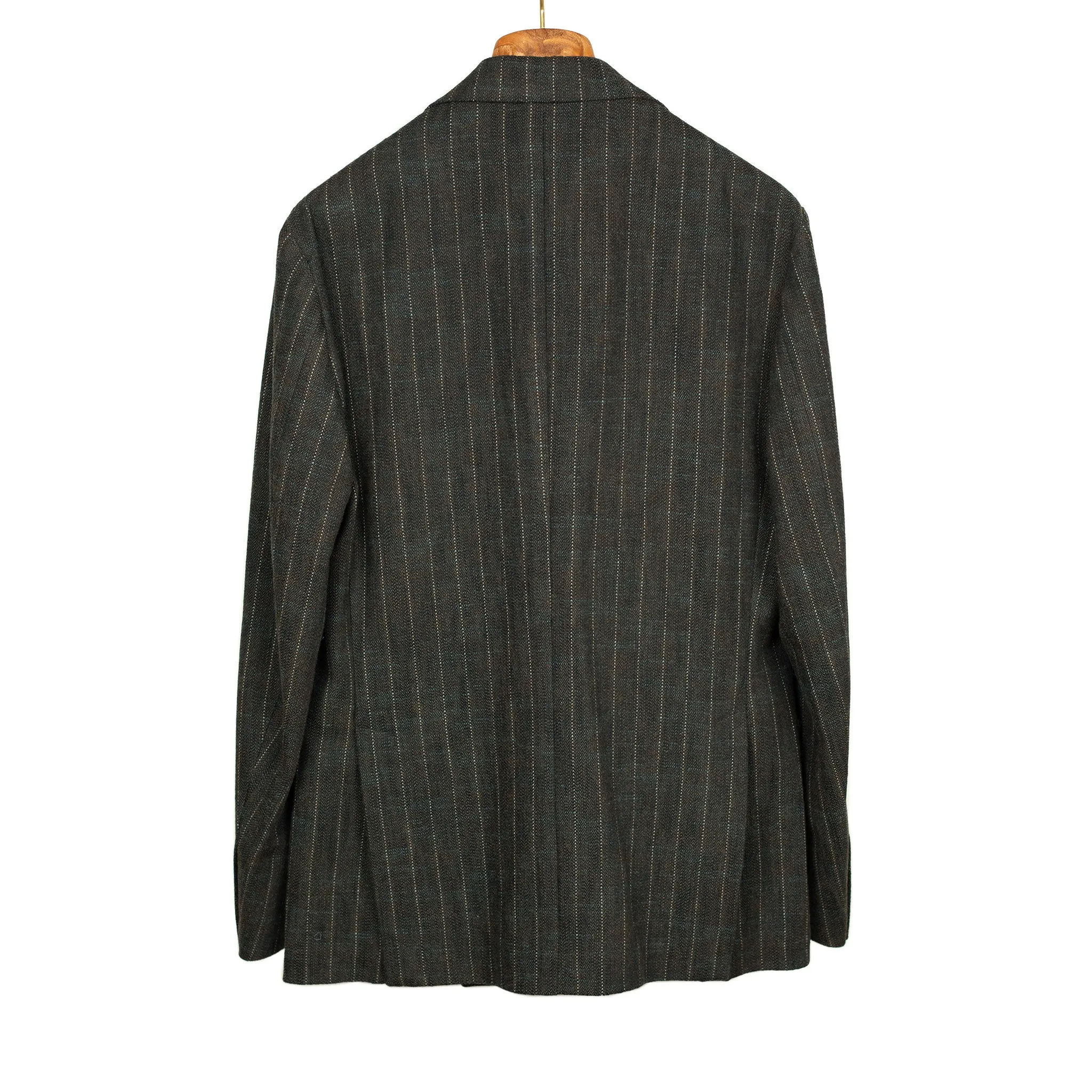 Aareseant double breasted suit in charcoal, teal, and rust retro stripe cotton and wool tweed