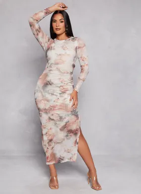 Almost Famous Mesh Printed Long Sleeve Midi Dress