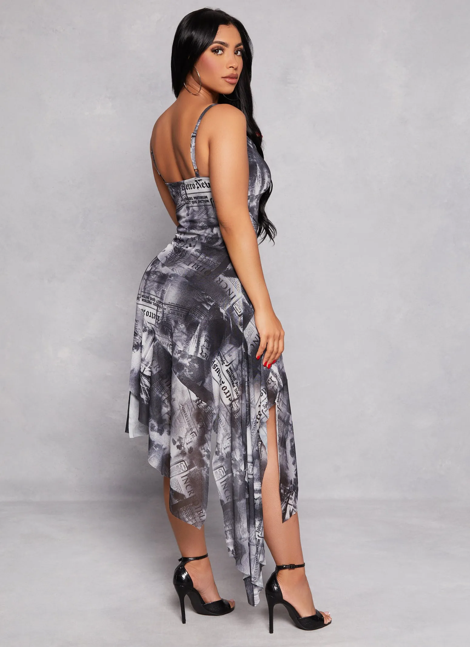 Almost Famous Printed Mesh Asymmetrical Dress