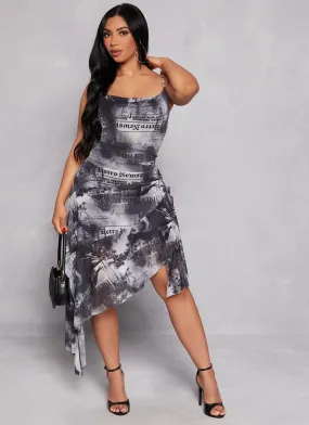 Almost Famous Printed Mesh Asymmetrical Dress