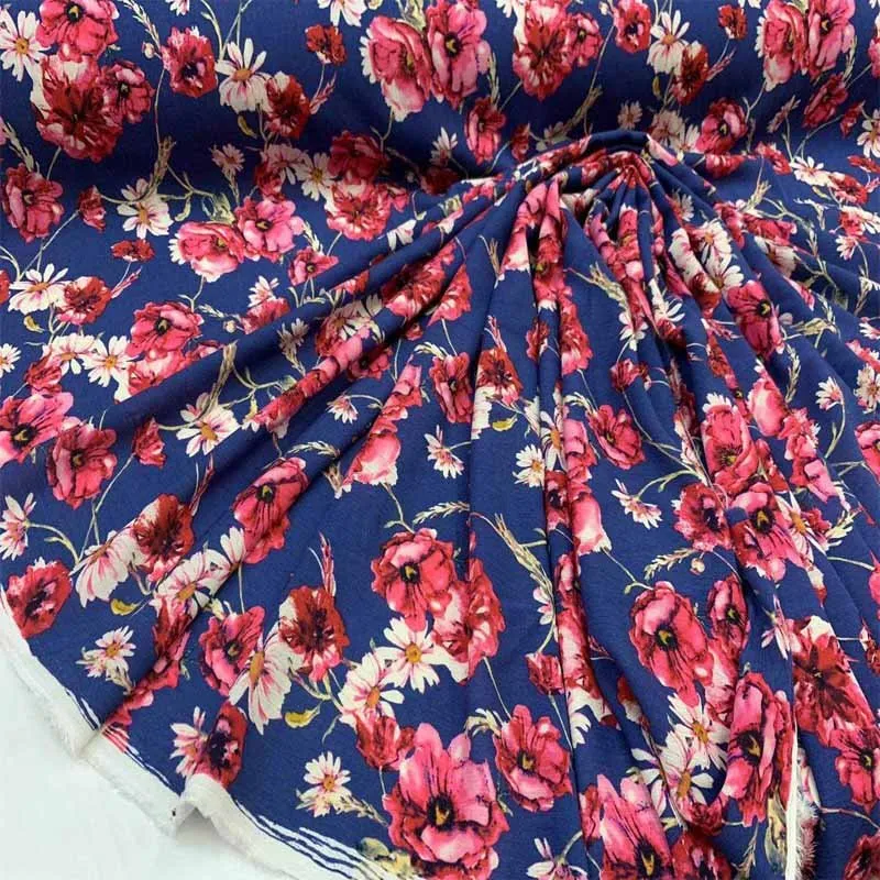 Beautiful Pink Flowers On Blue Soft Flowy Organic Rayon Challis Fabric