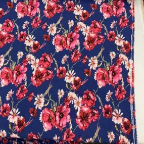 Beautiful Pink Flowers On Blue Soft Flowy Organic Rayon Challis Fabric