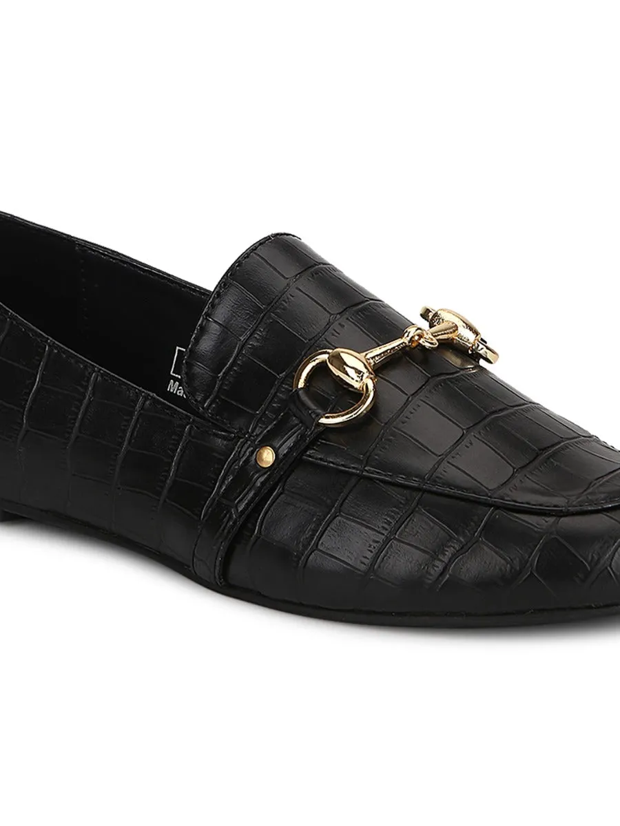 Black Croc PU Loafer Shoes With Gold Chain