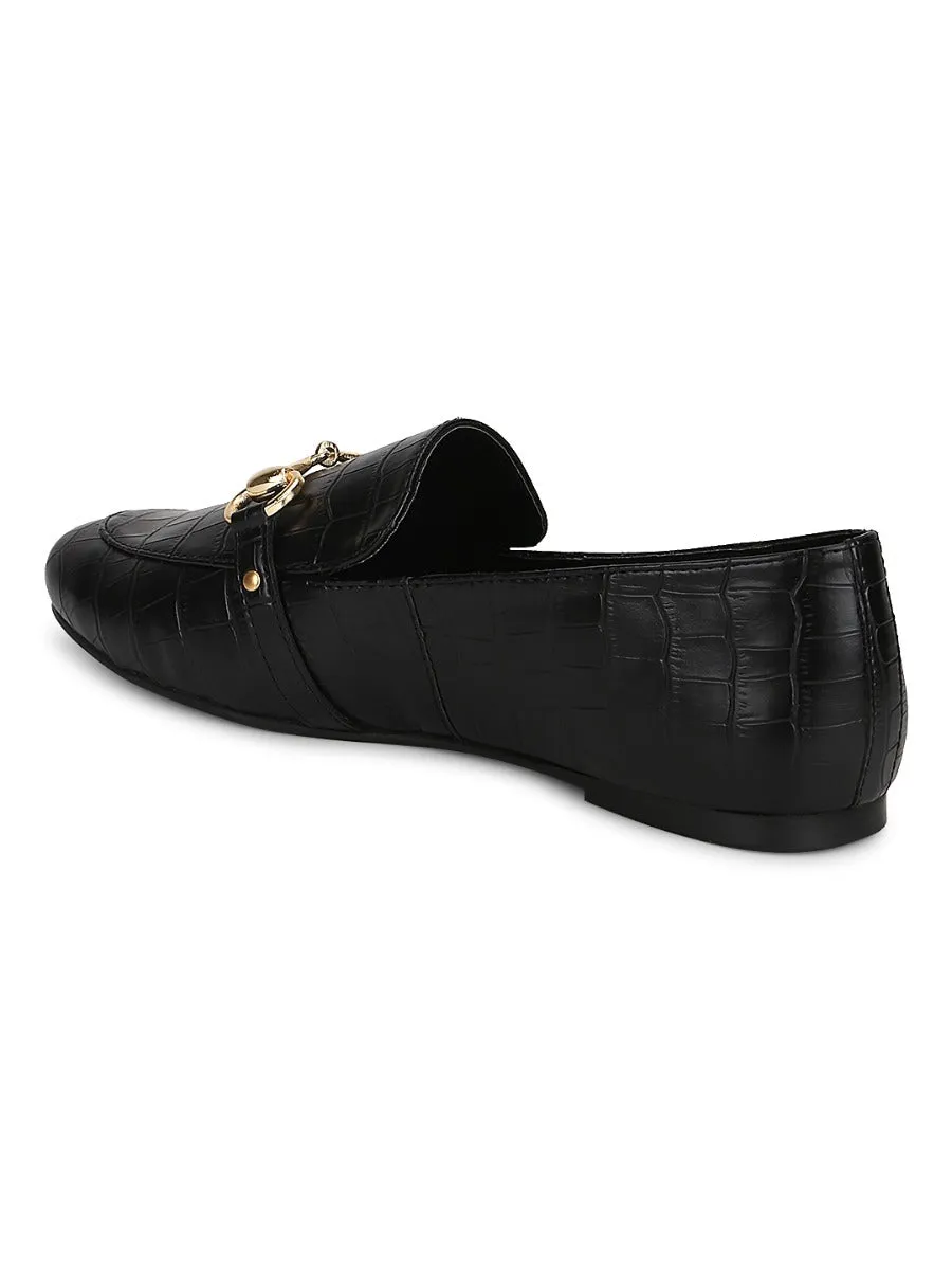 Black Croc PU Loafer Shoes With Gold Chain