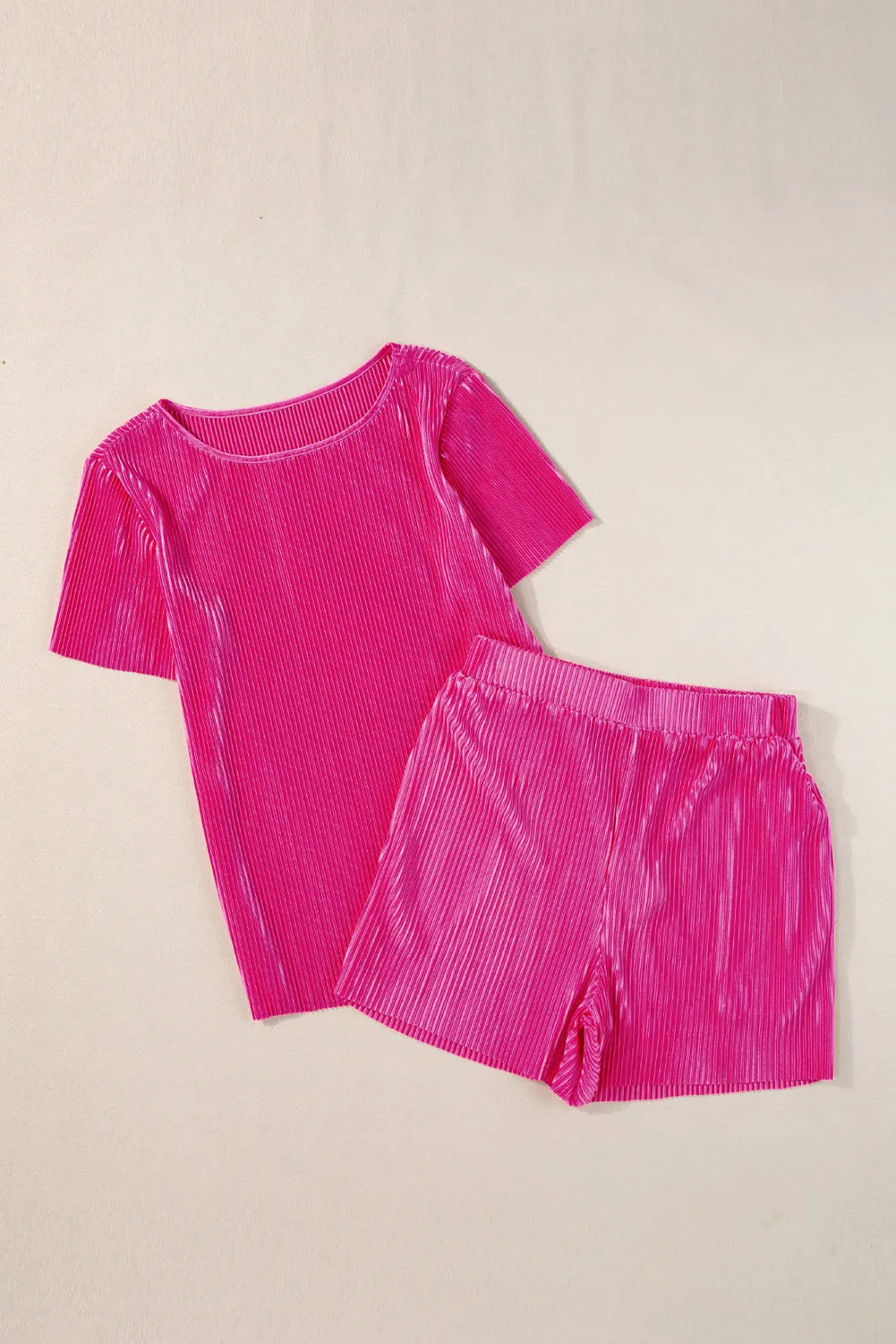 Bright Pink Casual Pleated Short Two-piece Set