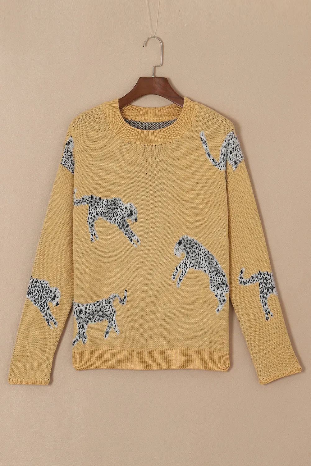 Camel Fuzzy Cheetah Accent Round Neck Sweater