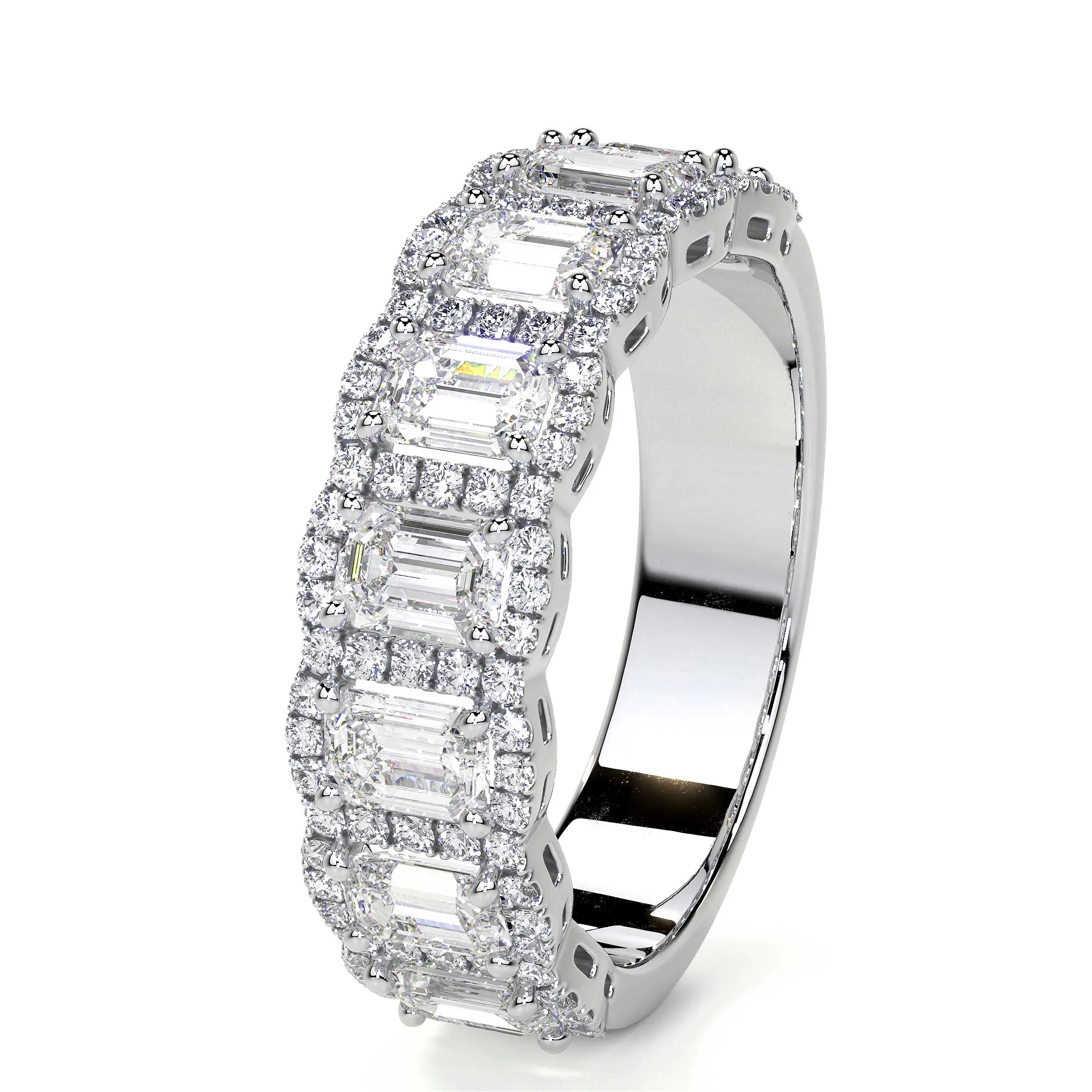 Emerald Cut Diamond Eternity Band with Halo, 2.2 CT