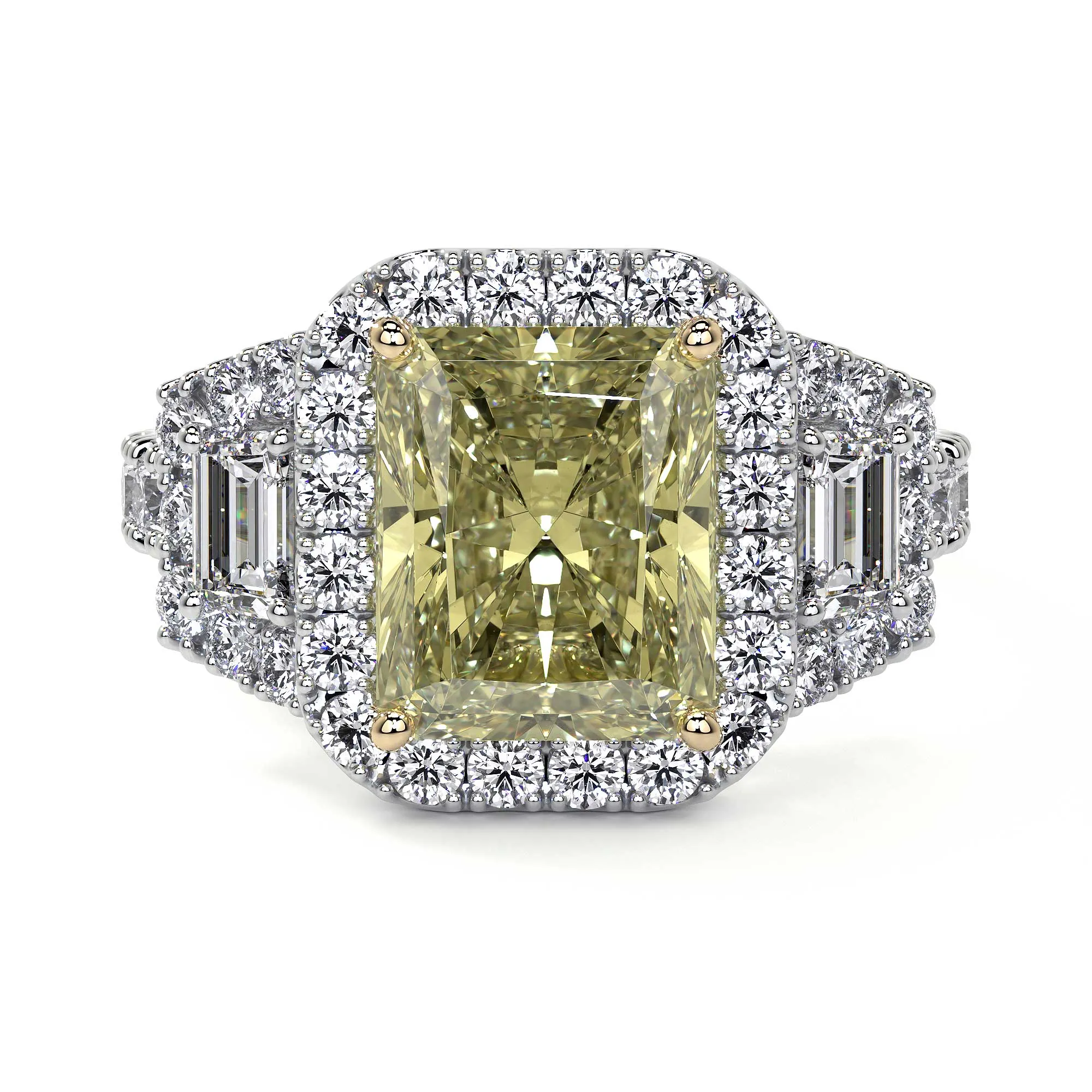 Fancy Yellow Diamond 3 Stone Ring WIth Halo