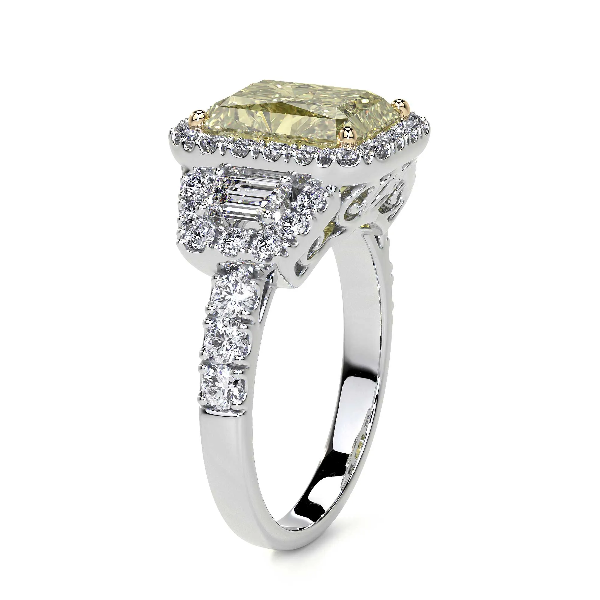 Fancy Yellow Diamond 3 Stone Ring WIth Halo