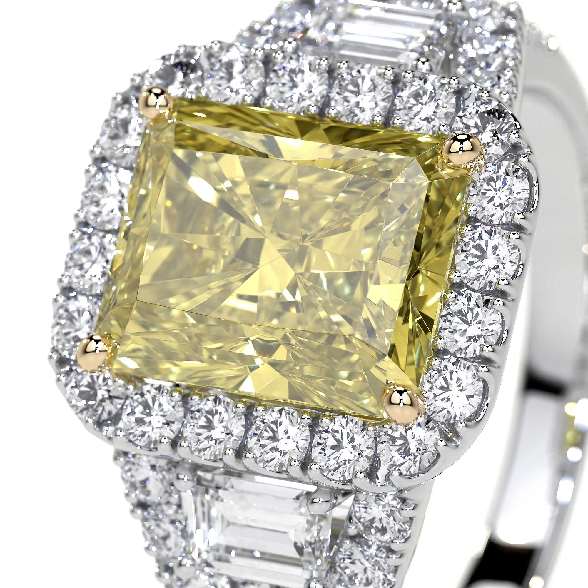 Fancy Yellow Diamond 3 Stone Ring WIth Halo