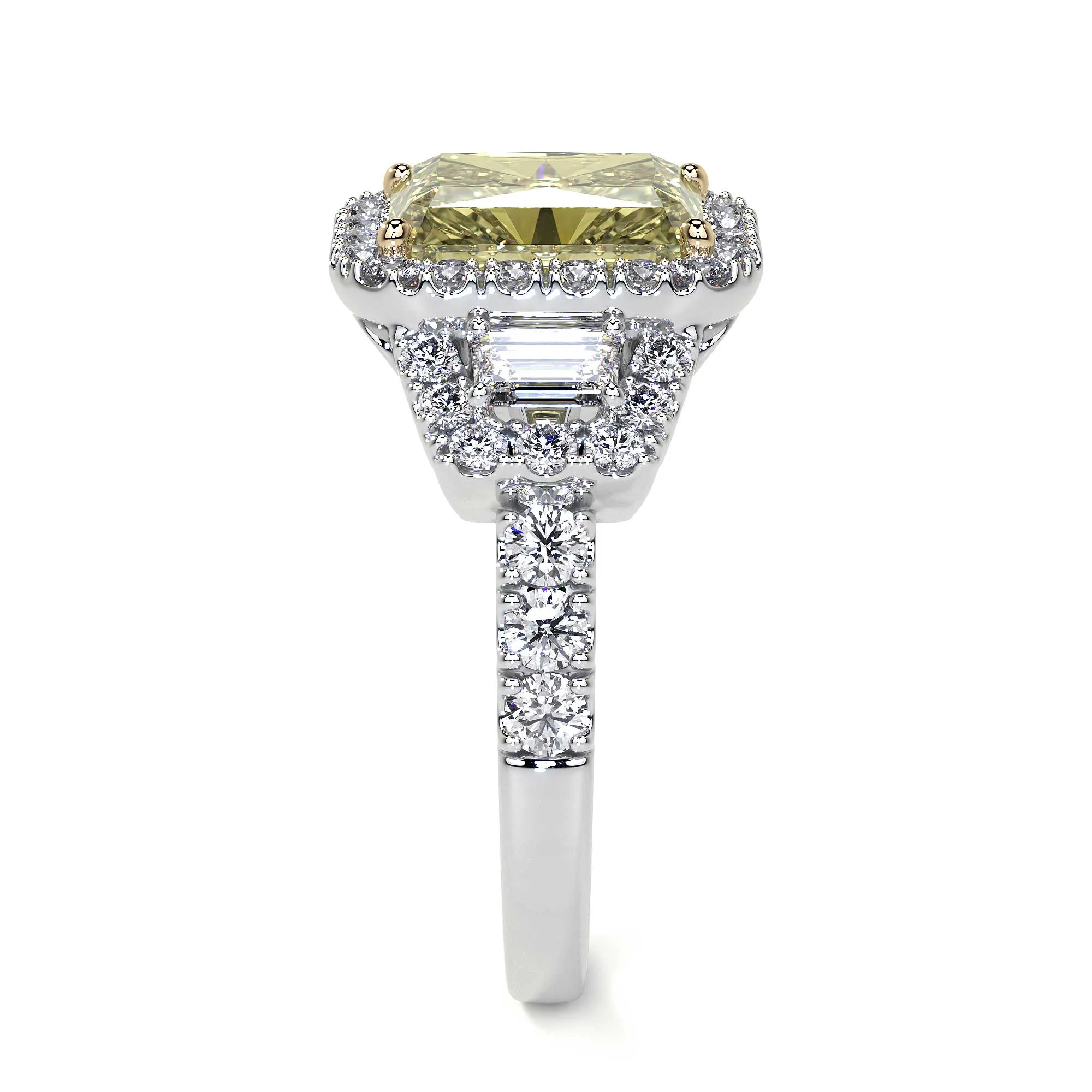 Fancy Yellow Diamond 3 Stone Ring WIth Halo