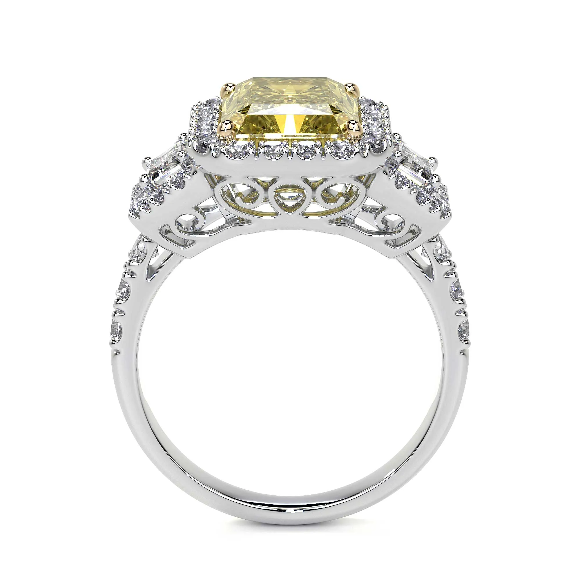 Fancy Yellow Diamond 3 Stone Ring WIth Halo