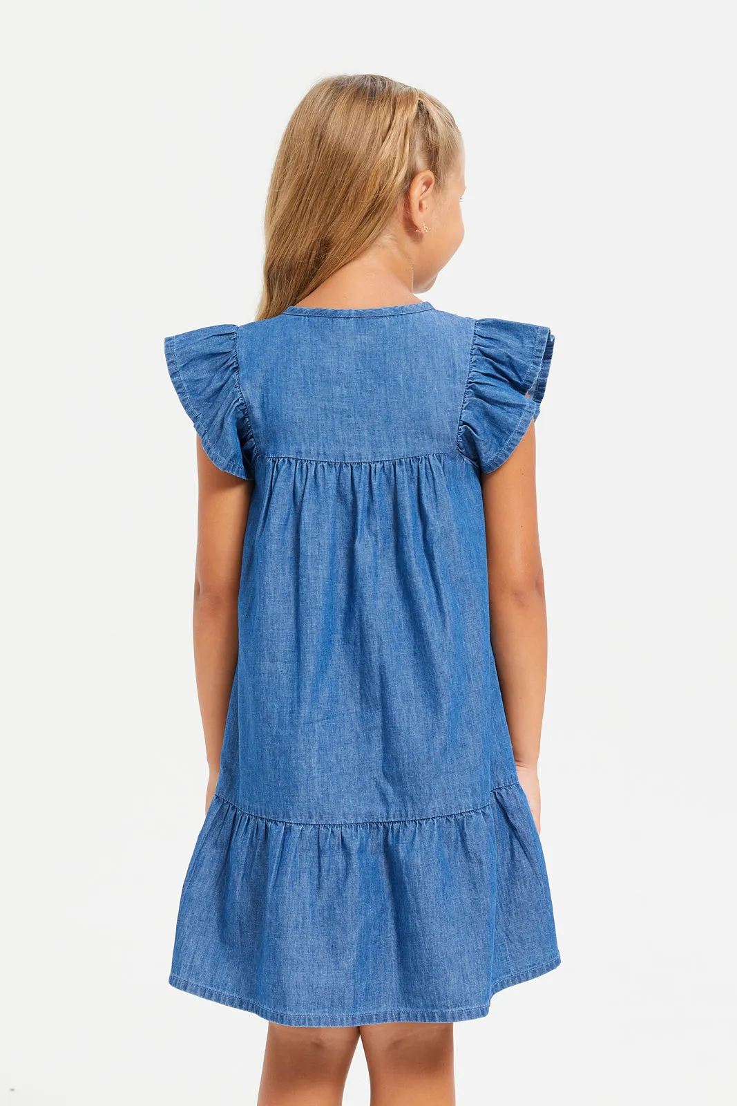 Girls Blue Denim Embroidered Dress