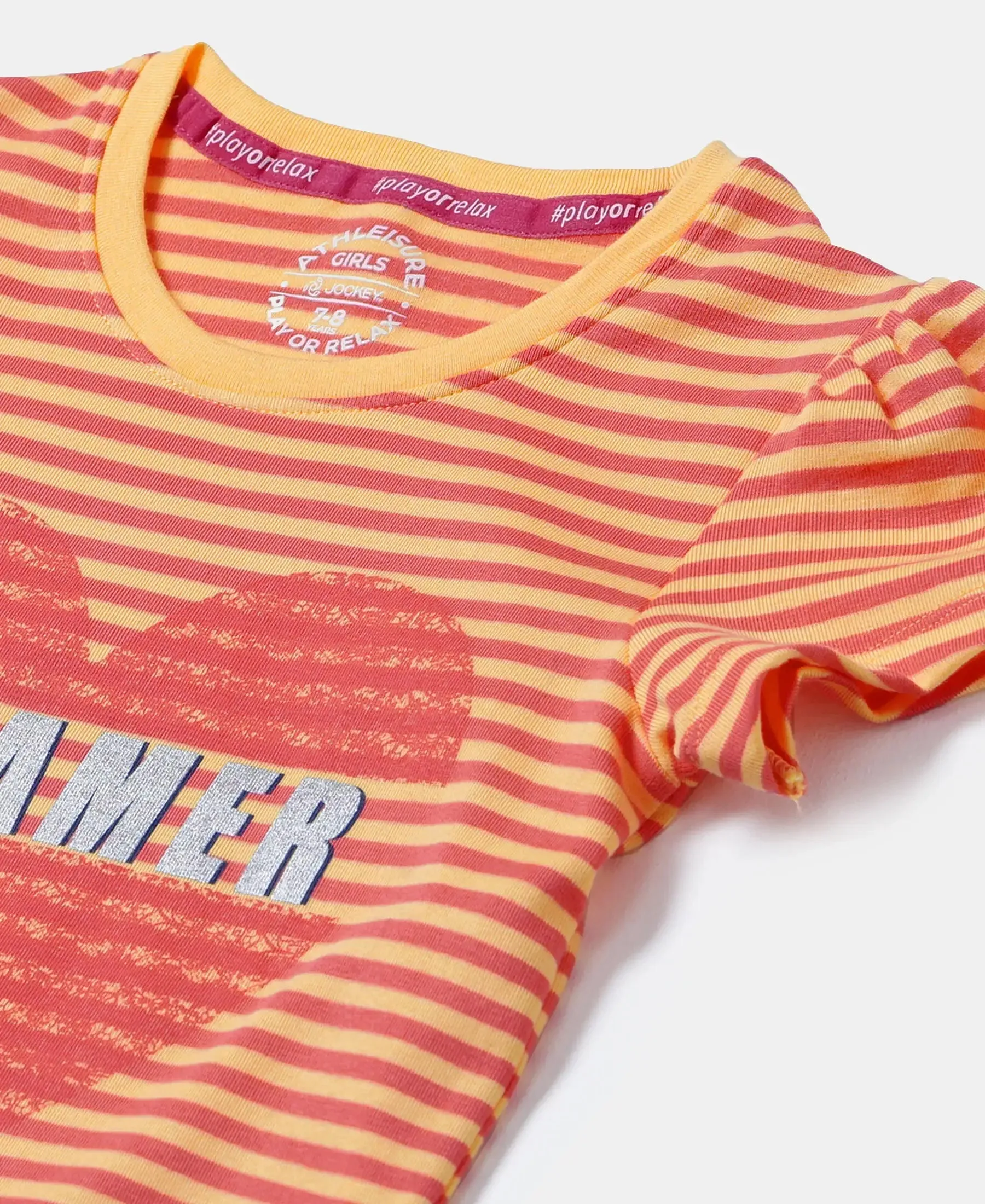 Girl's Super Combed Cotton Elastane Stretch Rib Striped Short Sleeve T-Shirt - BananaCream & Dubarry Printed