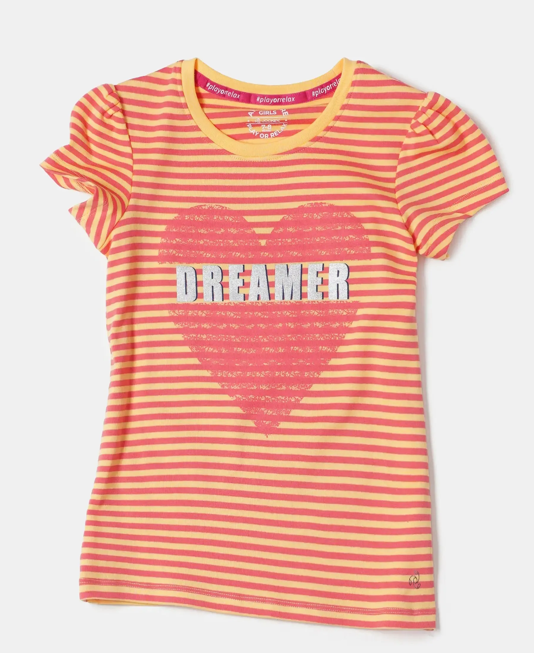 Girl's Super Combed Cotton Elastane Stretch Rib Striped Short Sleeve T-Shirt - BananaCream & Dubarry Printed