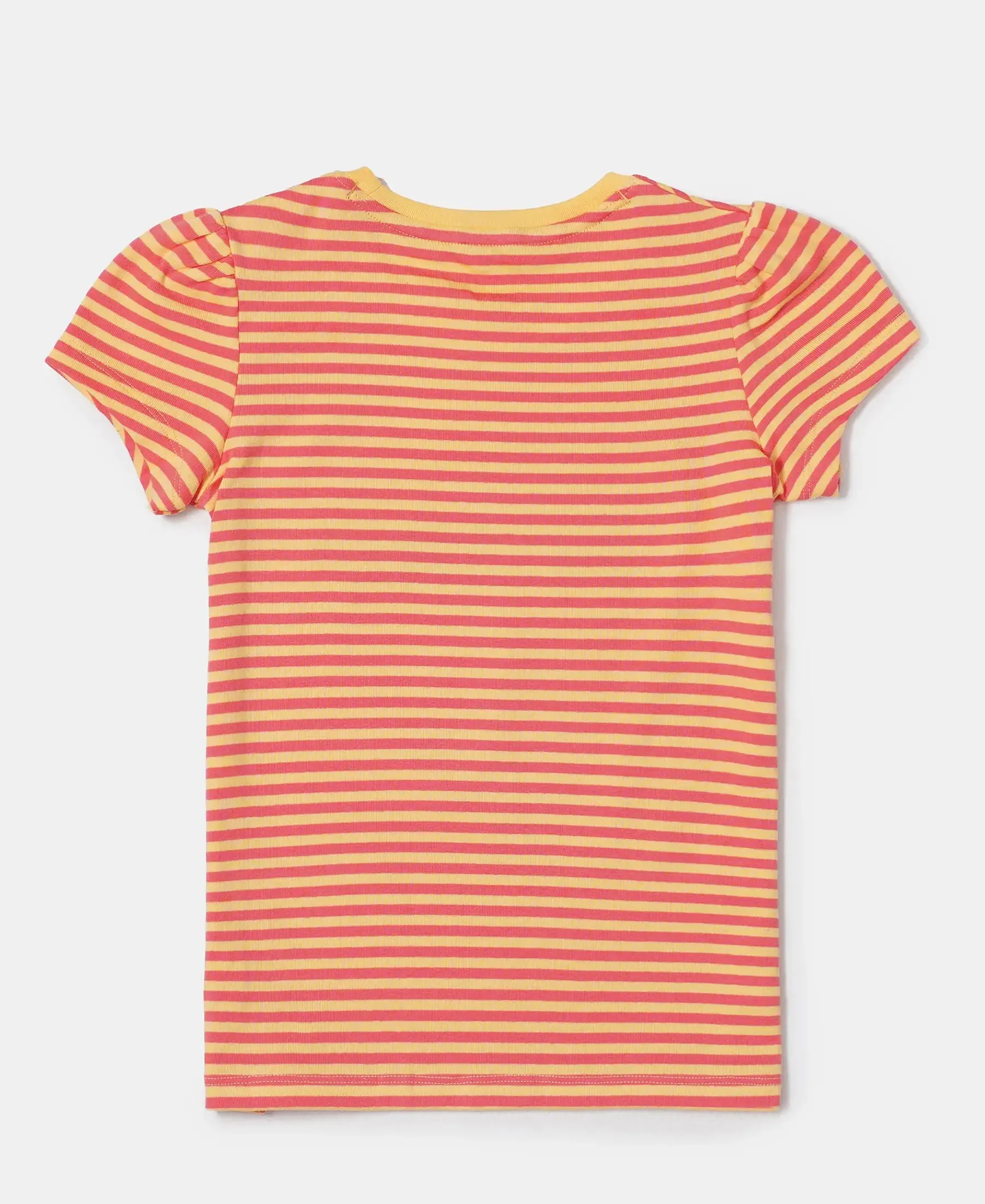 Girl's Super Combed Cotton Elastane Stretch Rib Striped Short Sleeve T-Shirt - BananaCream & Dubarry Printed