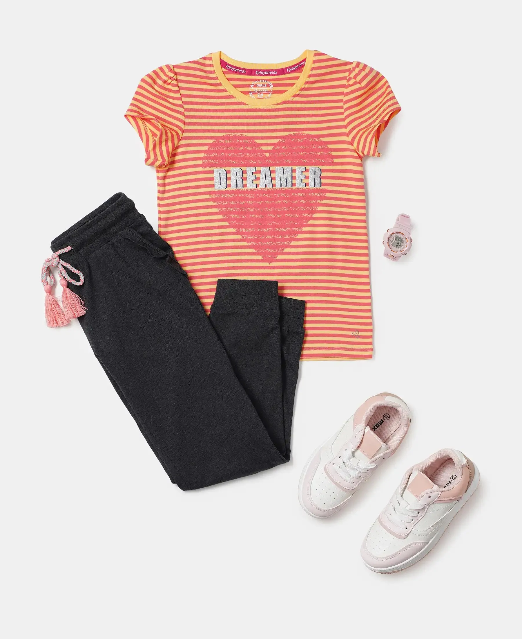 Girl's Super Combed Cotton Elastane Stretch Rib Striped Short Sleeve T-Shirt - BananaCream & Dubarry Printed