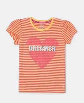 Girl's Super Combed Cotton Elastane Stretch Rib Striped Short Sleeve T-Shirt - BananaCream & Dubarry Printed