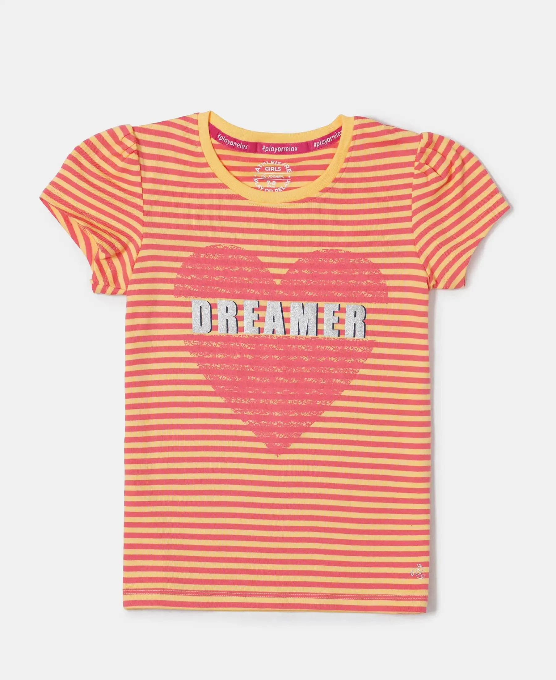 Girl's Super Combed Cotton Elastane Stretch Rib Striped Short Sleeve T-Shirt - BananaCream & Dubarry Printed