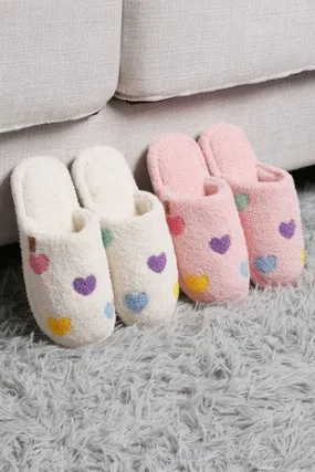 Hearts Embroidered Soft Home Indoor Floor Slippers - Pink or Ivory