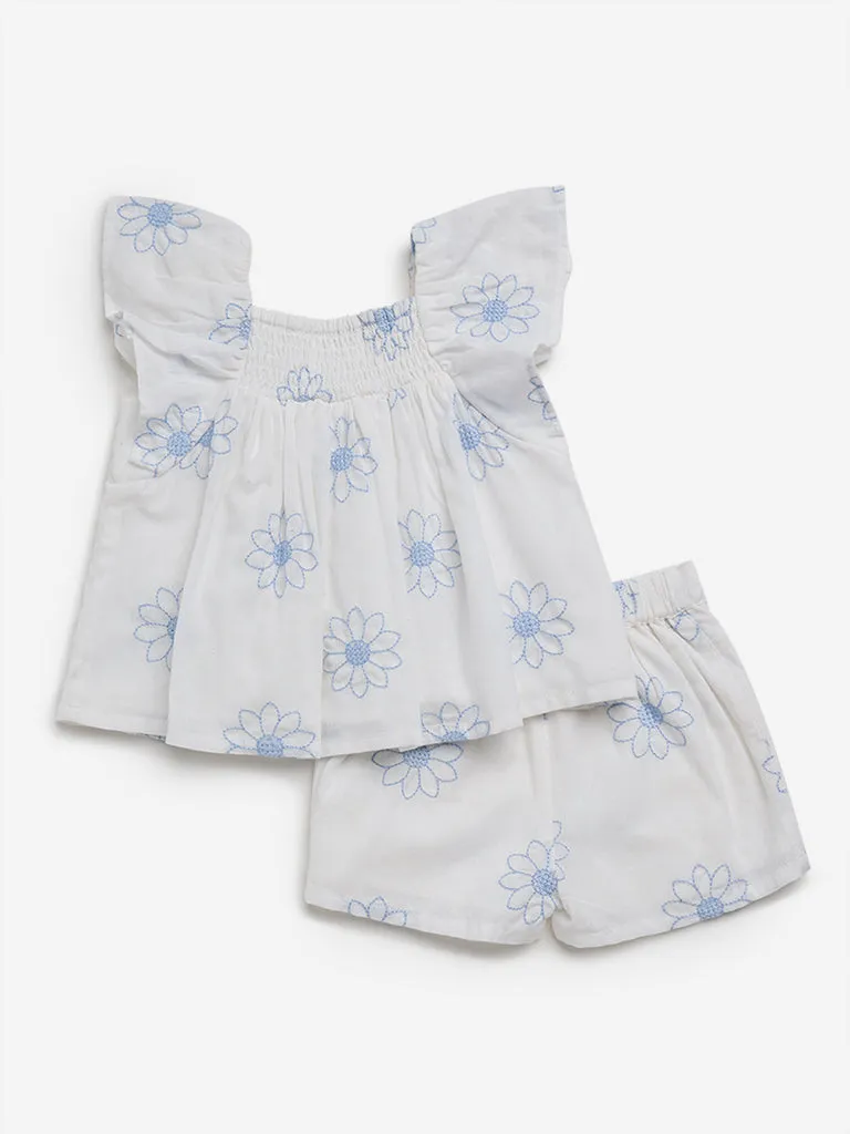 HOP Baby White Floral Printed Cotton Top and Shorts Set