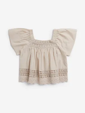 HOP Kids Beige Crochet-Detailed Cotton Top