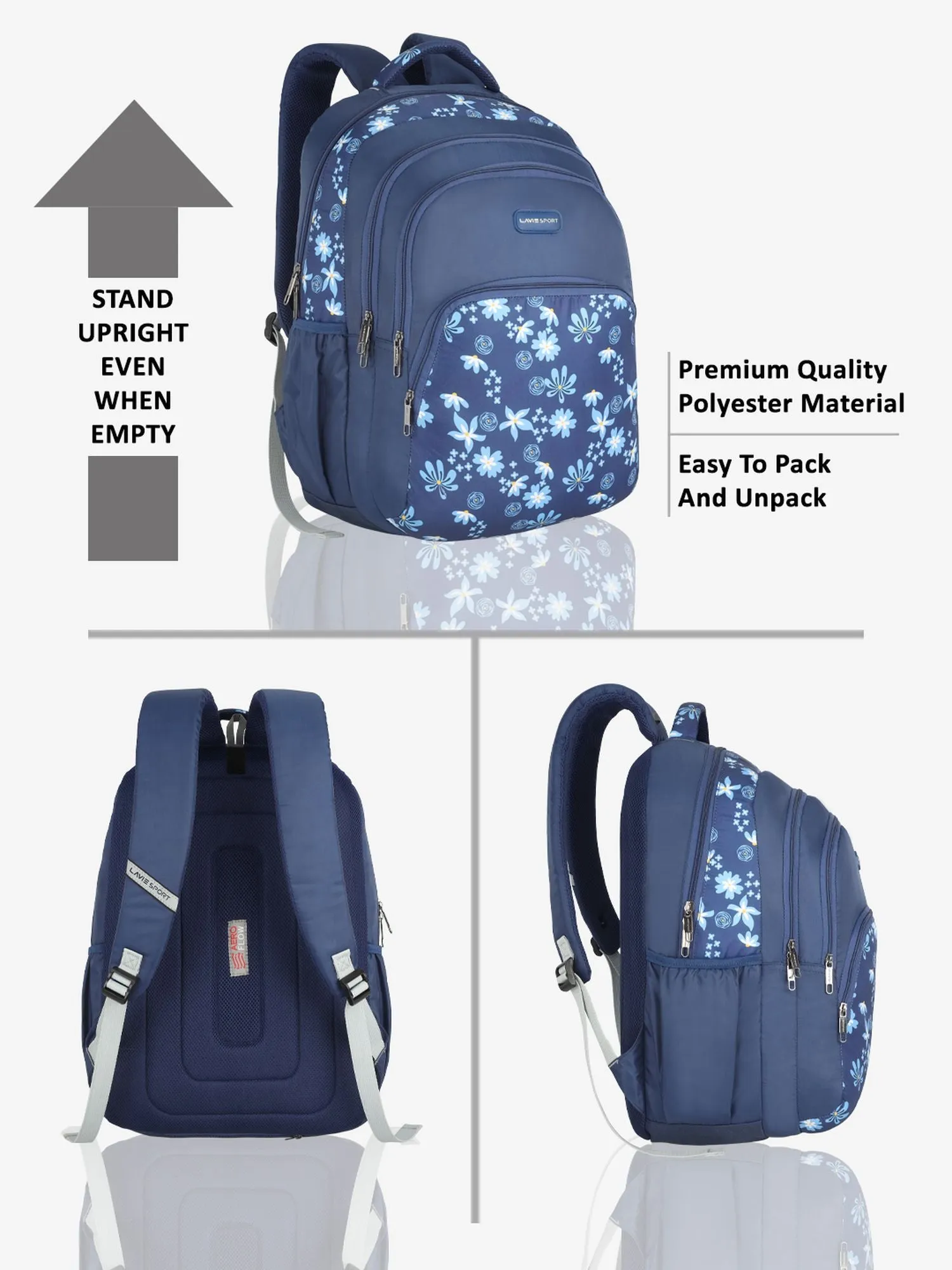 Lavie Sport Bellis 39L Printed School Backpack with Rain cover for Girls Navy