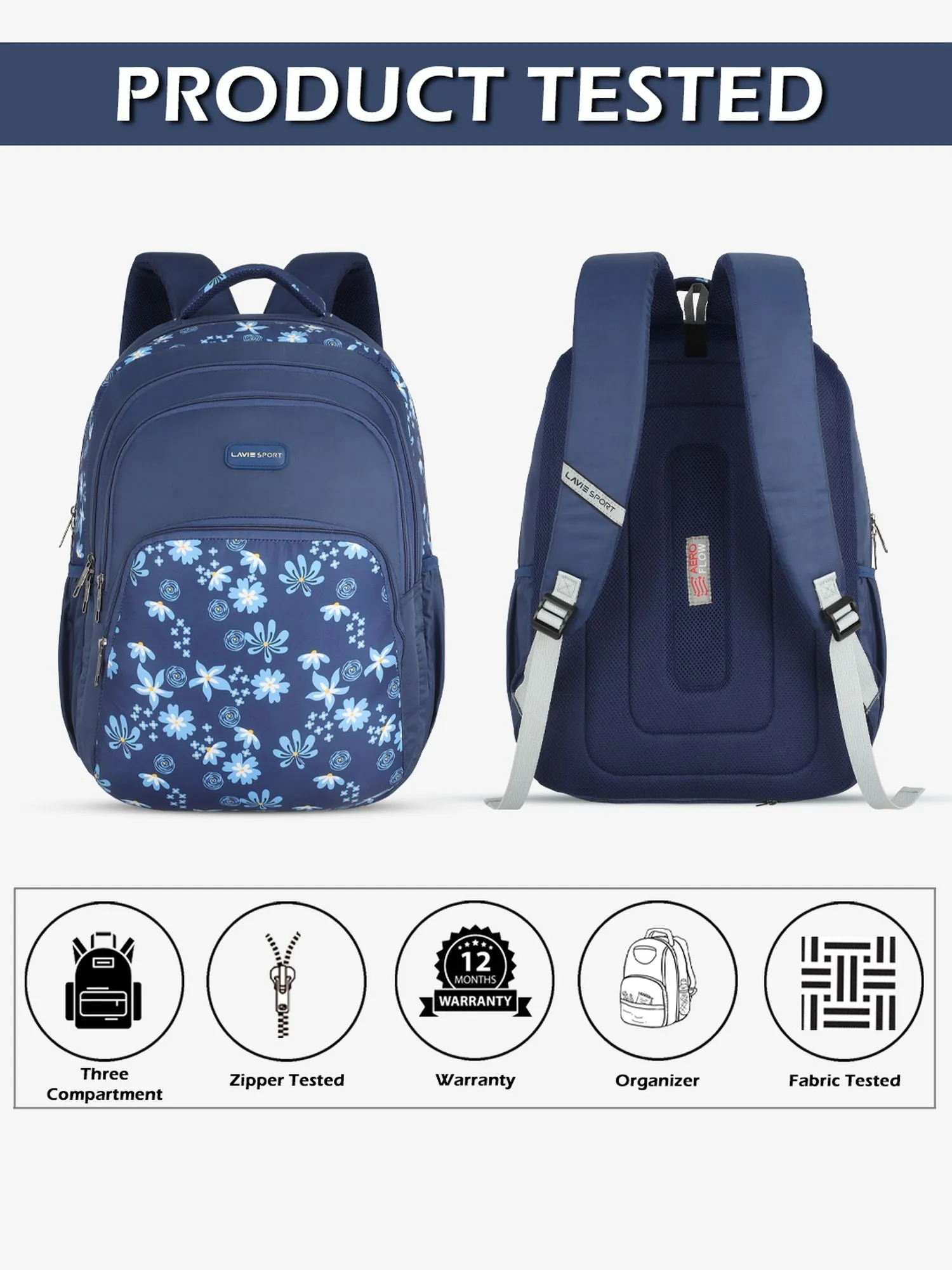 Lavie Sport Bellis 39L Printed School Backpack with Rain cover for Girls Navy