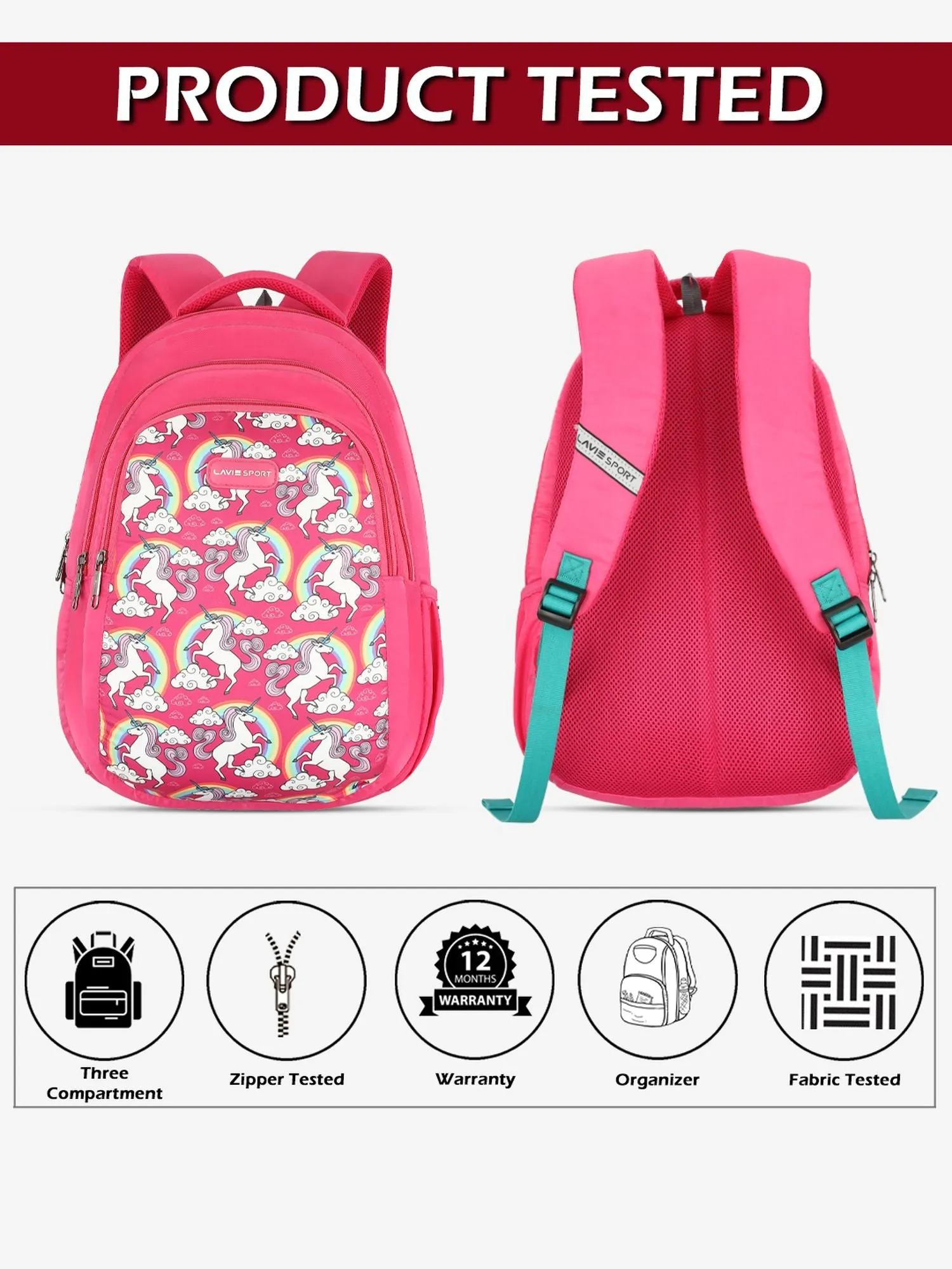 Lavie Sport Unicorn Rainbow 26L Printed School Backpack for Girls Pink