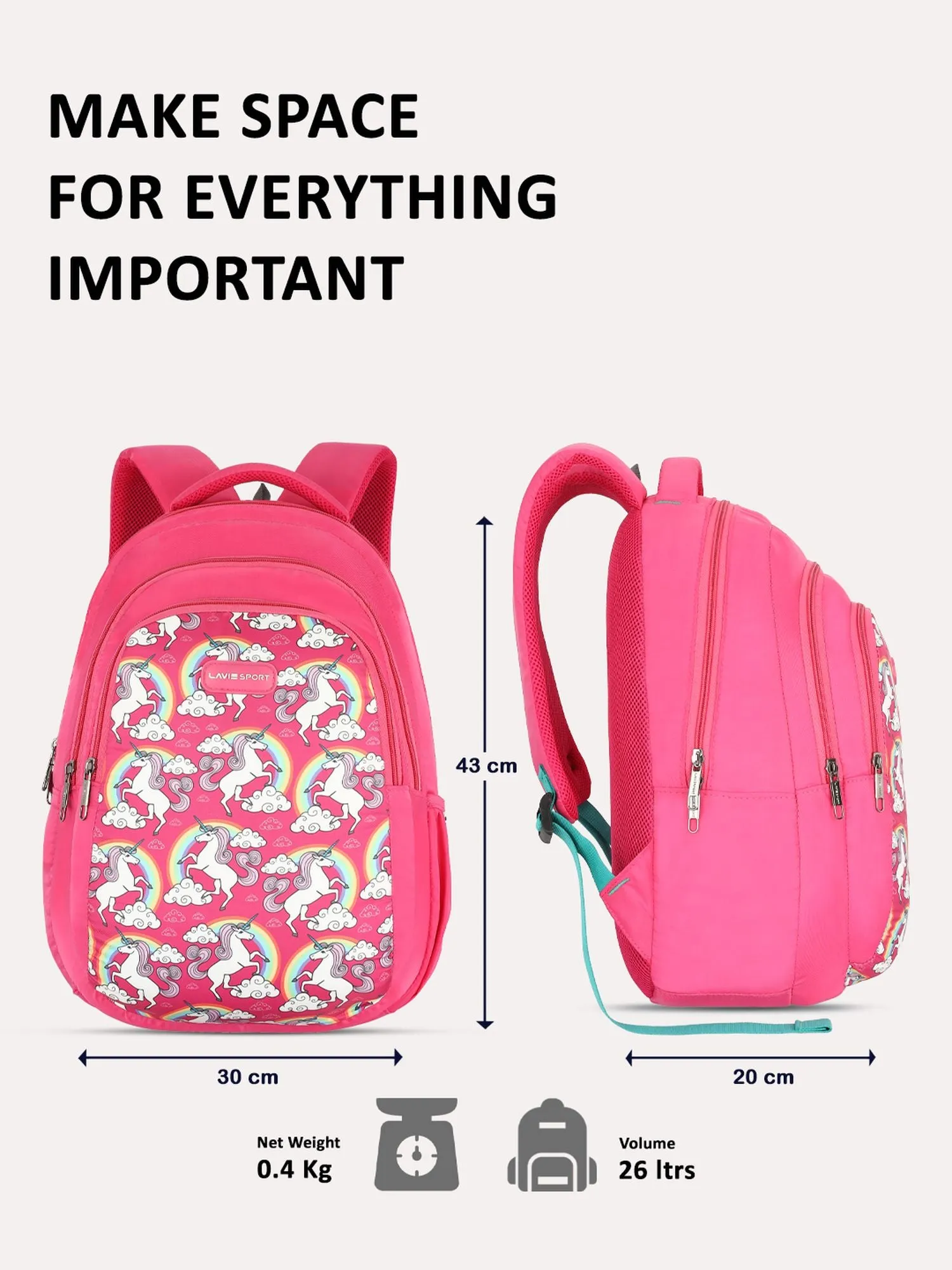 Lavie Sport Unicorn Rainbow 26L Printed School Backpack for Girls Pink