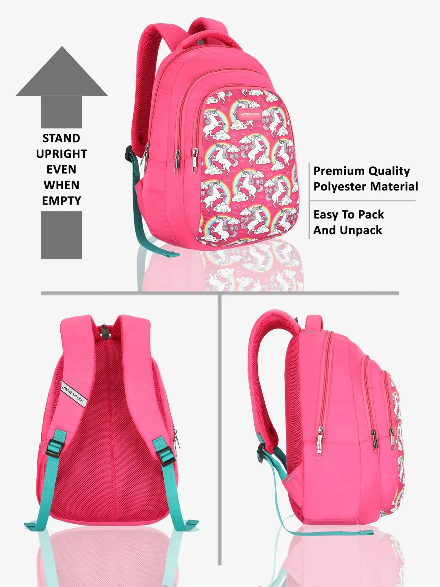 Lavie Sport Unicorn Rainbow 26L Printed School Backpack for Girls Pink