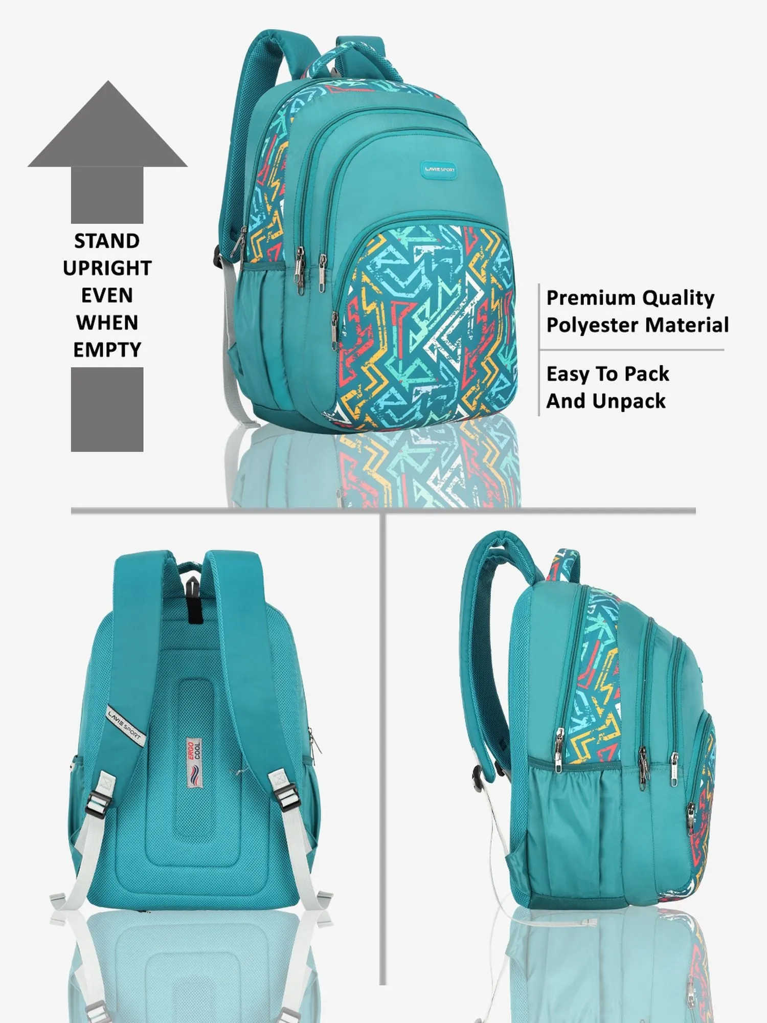 Lavie Sport Vector 39L Printed School Unisex Backpack with Rain cover for Boys & Girls Teal