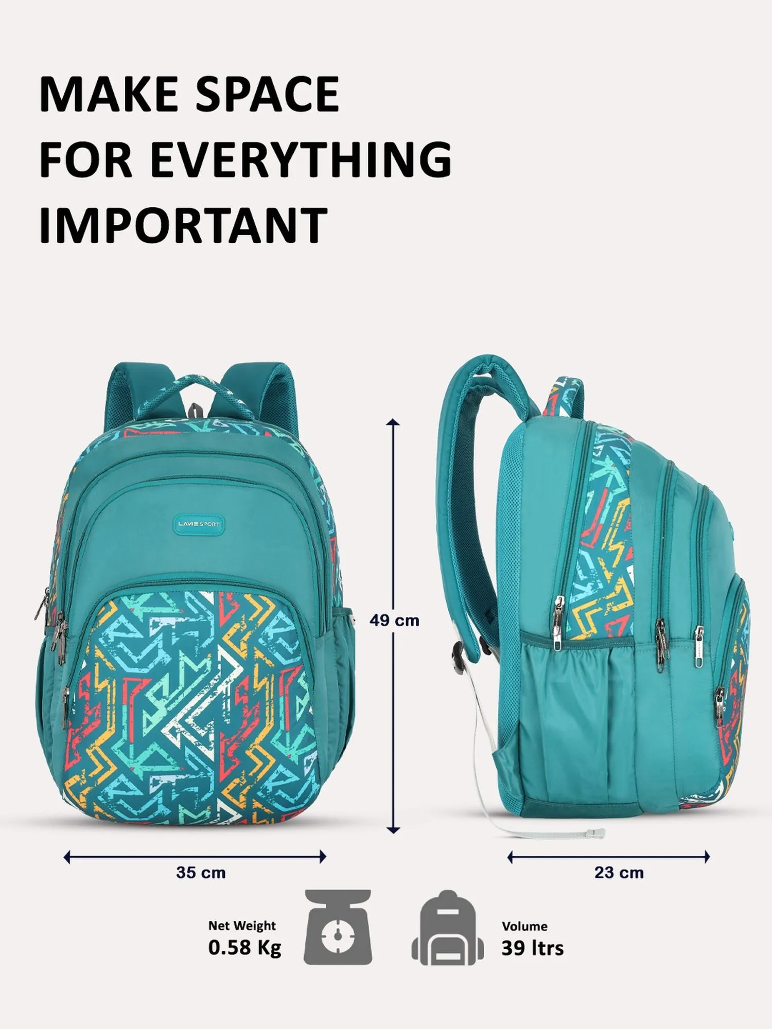 Lavie Sport Vector 39L Printed School Unisex Backpack with Rain cover for Boys & Girls Teal