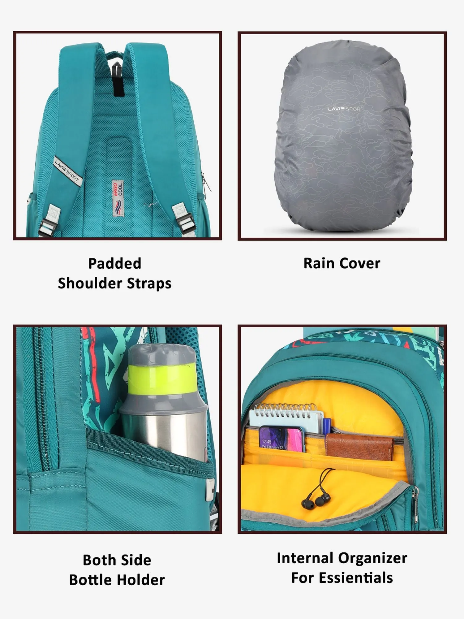 Lavie Sport Vector 39L Printed School Unisex Backpack with Rain cover for Boys & Girls Teal