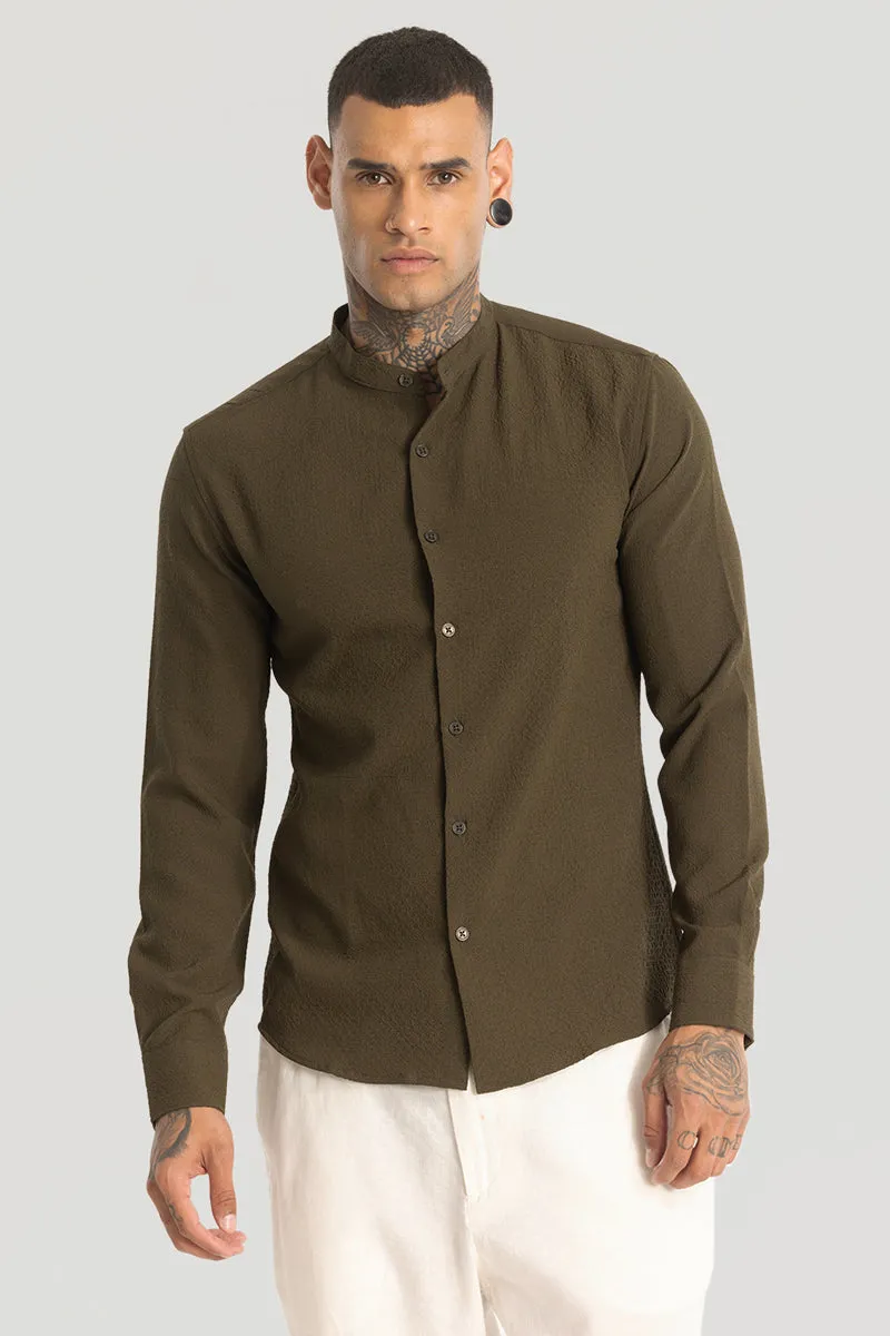 Mandarin Stretchable Olive Shirt