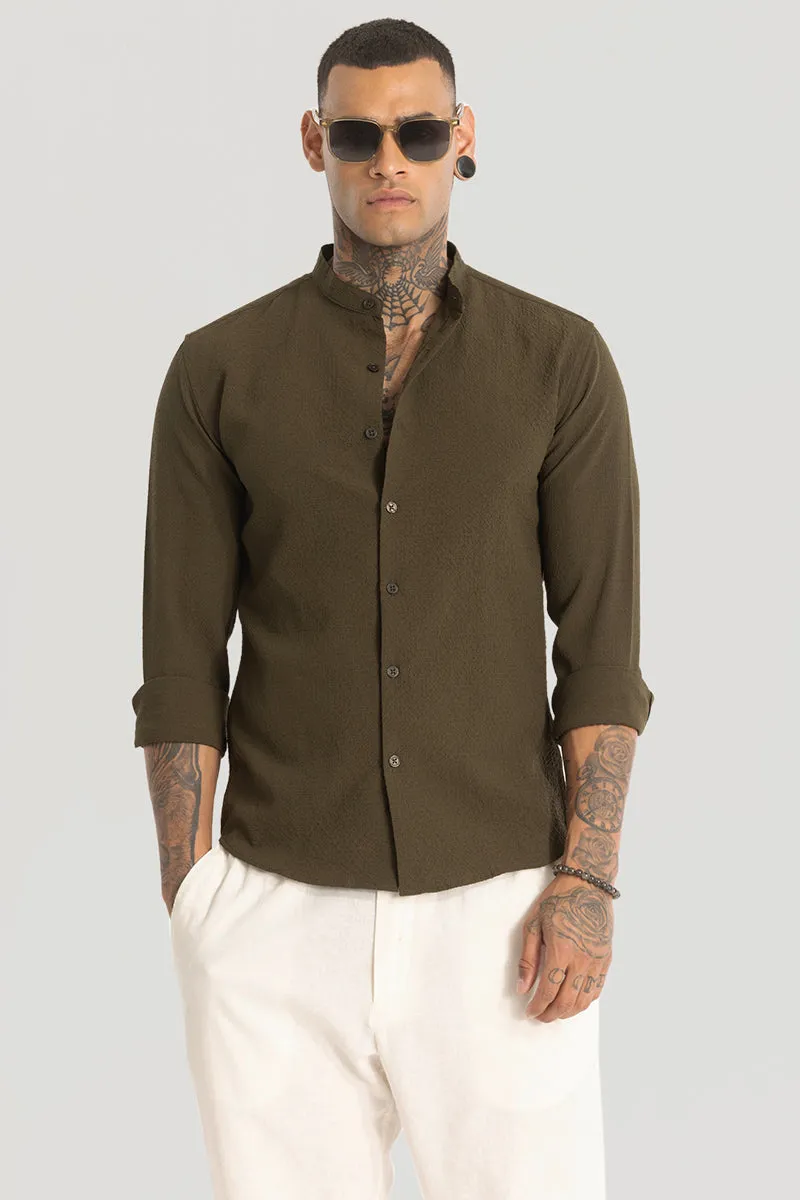 Mandarin Stretchable Olive Shirt