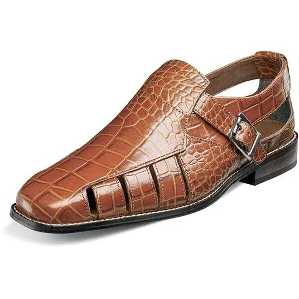 Men Casual Crocodile Print Leather Fisherman Sandals