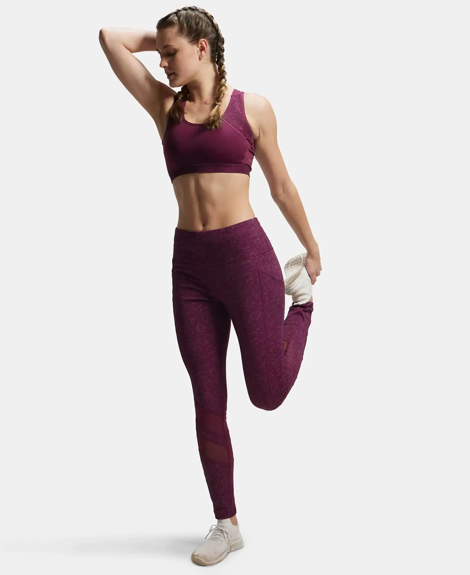 Microfiber Elastane Stretch Performance Leggings with Breathable Mesh - Grapewine Print