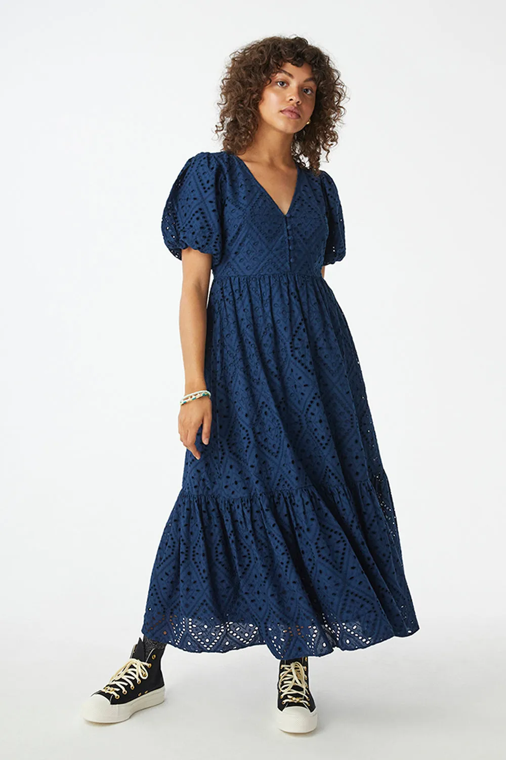 Navy Broderie Anglaise Puff Sleeve Midi Dress