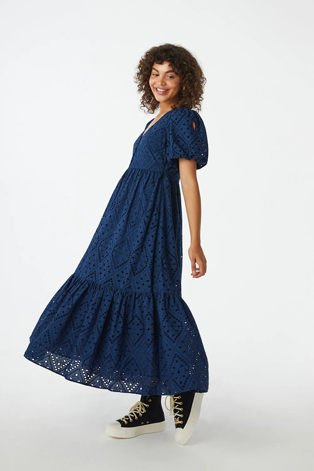 Navy Broderie Anglaise Puff Sleeve Midi Dress