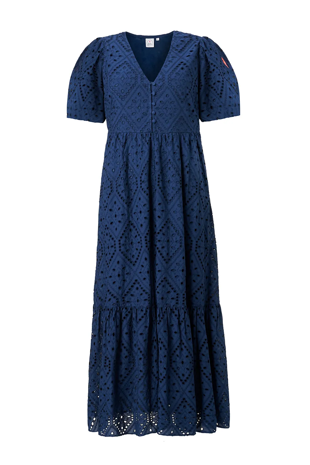 Navy Broderie Anglaise Puff Sleeve Midi Dress