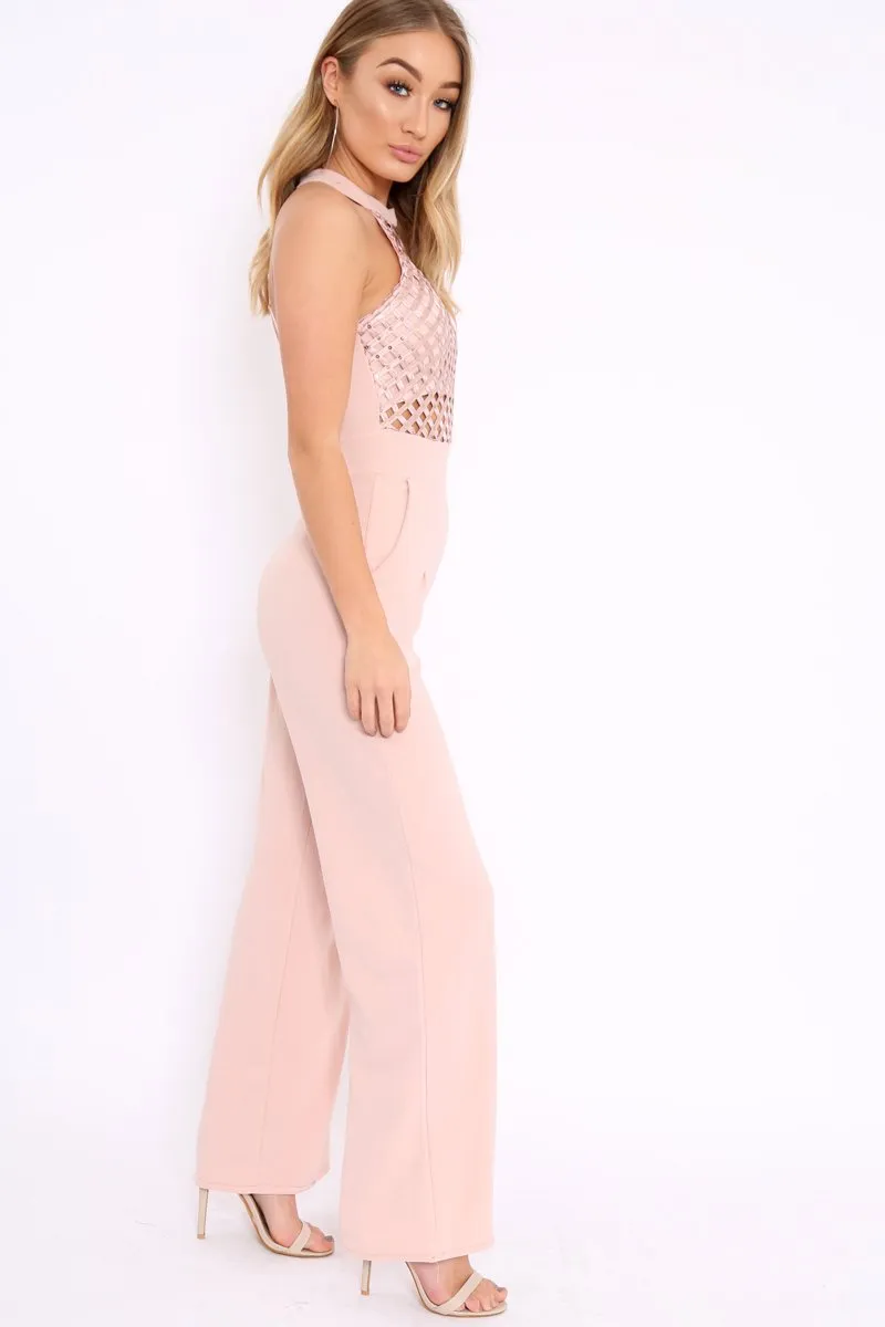 Nude Halterneck Cage Design Jumpsuit - Taaliah